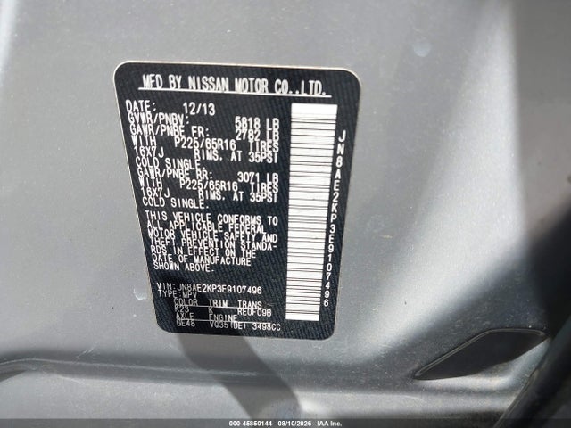 Auction sale of the 2014 Nissan Quest Sv, vin: JN8AE2KP3E9107496, lot number: 45850144