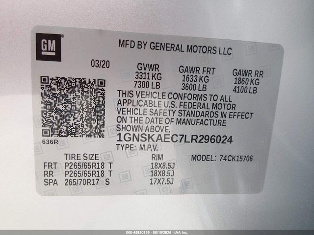 Продаж на аукціоні авто 2020 Chevrolet Tahoe 4wd Ls, vin: 1GNSKAEC7LR296024, номер лоту: 45850155
