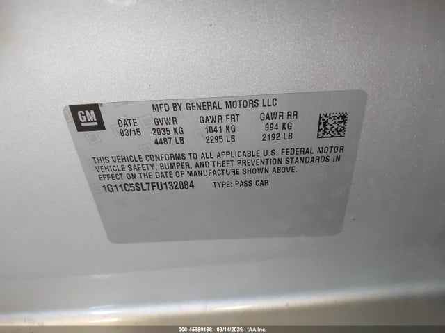 2015 Chevrolet Malibu 1lt მანქანა იყიდება აუქციონზე, vin: 1G11C5SL7FU132084, აუქციონის ნომერი: 45850168