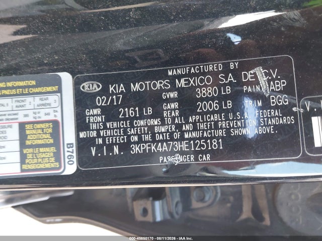 Aukcja sprzedaży 2017 Kia Forte Lx, vin: 3KPFK4A73HE125181, numer aukcji: 45850170