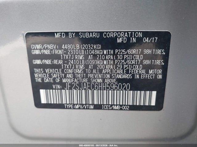 Aukcja sprzedaży 2017 Subaru Forester 2.5i Premium, vin: JF2SJAEC6HH596020, numer aukcji: 45850185