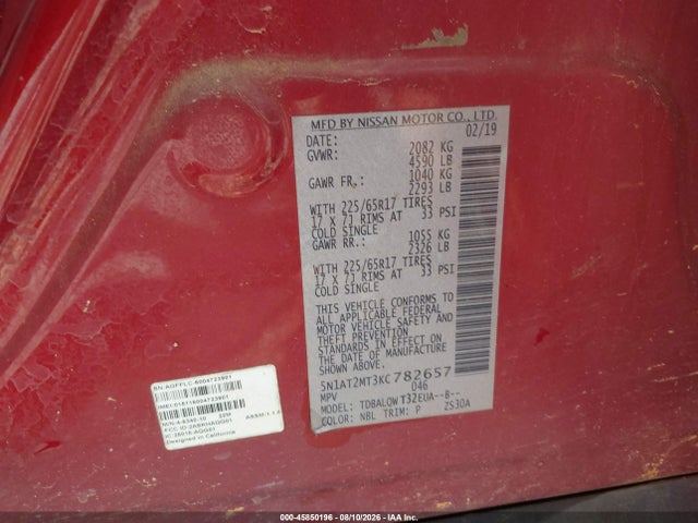 2019 Nissan Rogue Sv მანქანა იყიდება აუქციონზე, vin: 5N1AT2MT3KC782657, აუქციონის ნომერი: 45850196