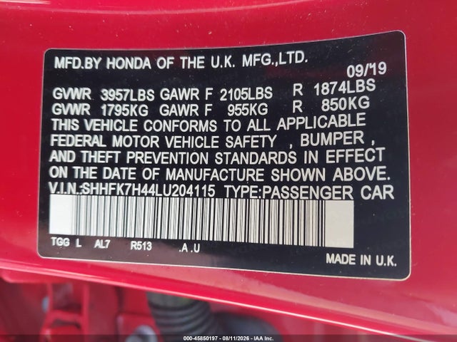 Продажа на аукционе авто 2020 Honda Civic Sport, vin: SHHFK7H44LU204115, номер лота: 45850197
