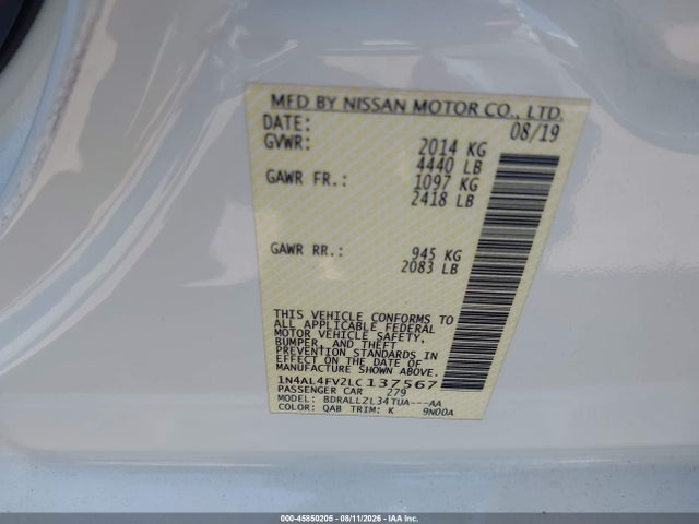 Aukcja sprzedaży 2020 Nissan Altima Platinum Vc-turbo Fwd, vin: 1N4AL4FV2LC137567, numer aukcji: 45850205