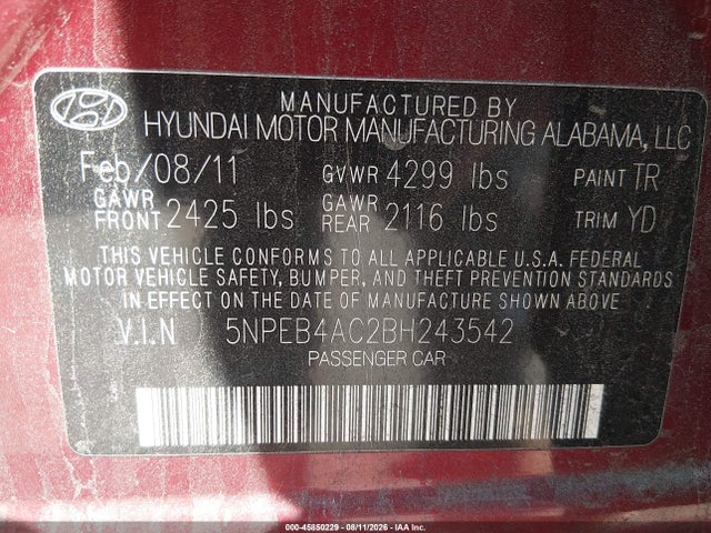 Продажа на аукционе авто 2011 Hyundai Sonata Gls, vin: 5NPEB4AC2BH243542, номер лота: 45850229