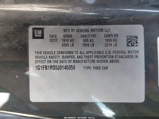 45850238 :رقم المزاد ، 1G1FB1RS9J0145059 vin ، 2018 Chevrolet Camaro 1lt مزاد بيع