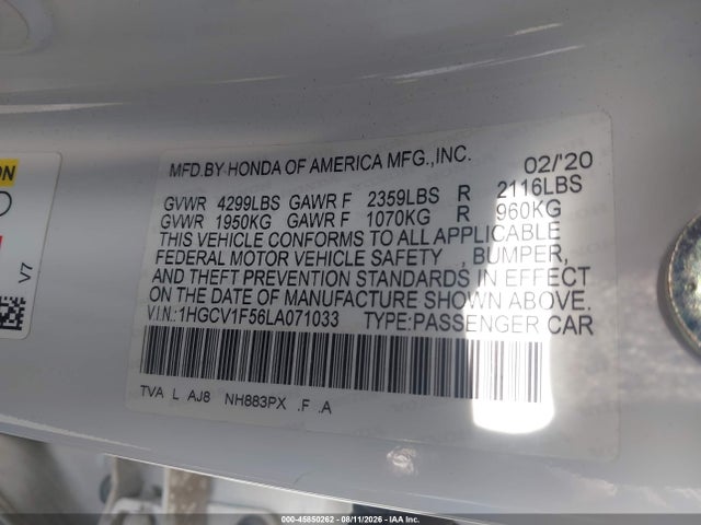 1HGCV1F56LA071033 Honda Accord Ex-l