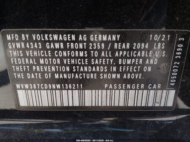 45850263 :رقم المزاد ، WVW387CD9NW136211 vin ، 2022 Volkswagen Golf Gti 2.0t Se مزاد بيع