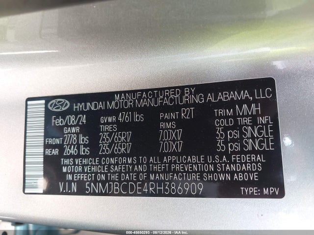 Aukcja sprzedaży 2024 Hyundai Tucson Sel, vin: 5NMJBCDE4RH386909, numer aukcji: 45850293