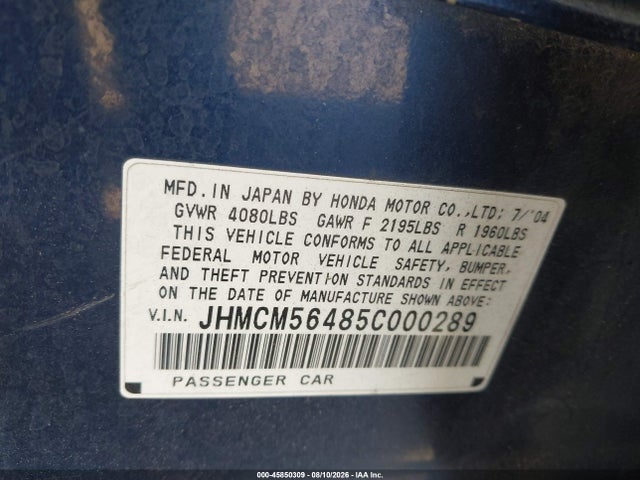 Aukcja sprzedaży 2005 Honda Accord 2.4 Lx, vin: JHMCM56485C000289, numer aukcji: 45850309