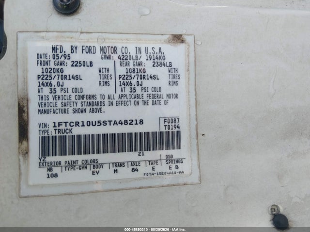 Aukcja sprzedaży 1995 Ford Ranger, vin: 1FTCR10U5STA48218, numer aukcji: 45850310