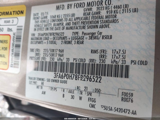 Продажа на аукционе авто 2015 Ford Fusion Se, vin: 3FA6P0H78FR296522, номер лота: 45850326