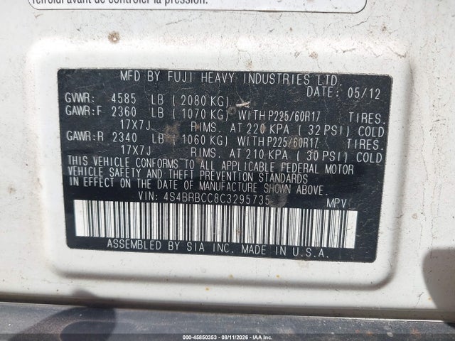2012 Subaru Outback 2.5i Premium მანქანა იყიდება აუქციონზე, vin: 4S4BRBCC8C3295735, აუქციონის ნომერი: 45850353