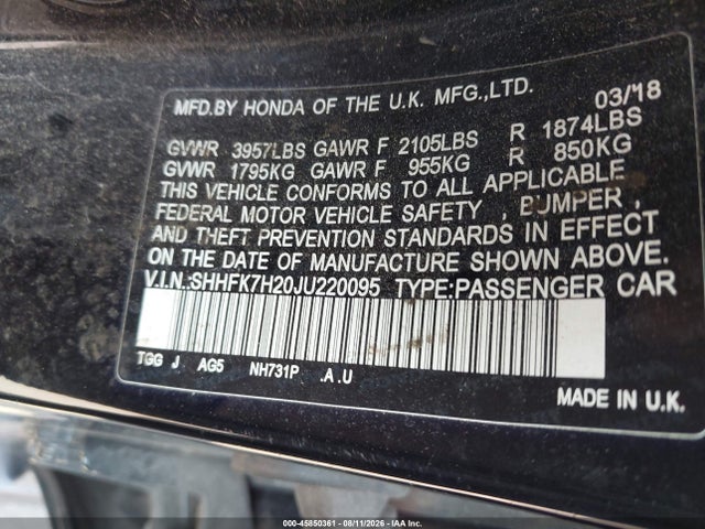 45850361 :رقم المزاد ، SHHFK7H20JU220095 vin ، 2018 Honda Civic Lx مزاد بيع