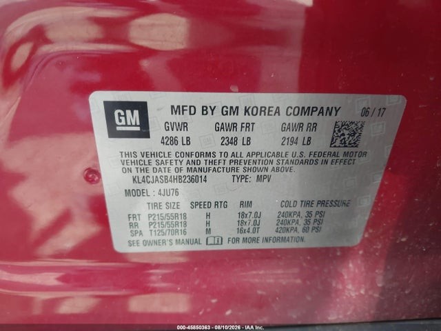 Aukcja sprzedaży 2017 Buick Encore Preferred, vin: KL4CJASB4HB236014, numer aukcji: 45850363