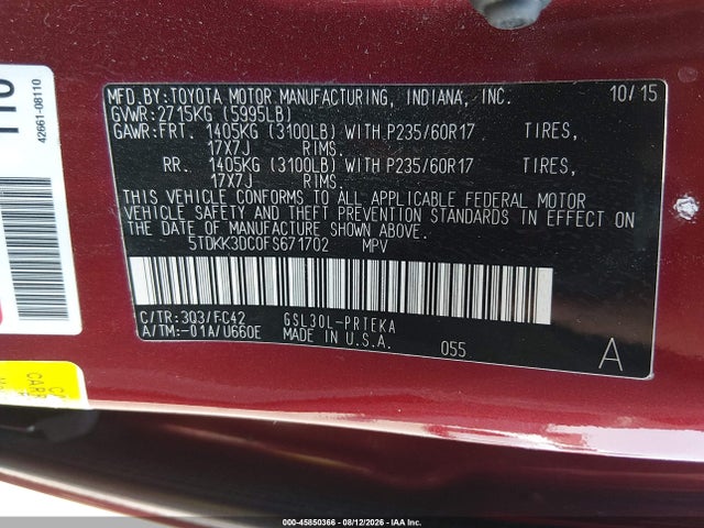5TDKK3DC0FS671702 Toyota Sienna Le 8 Passenger