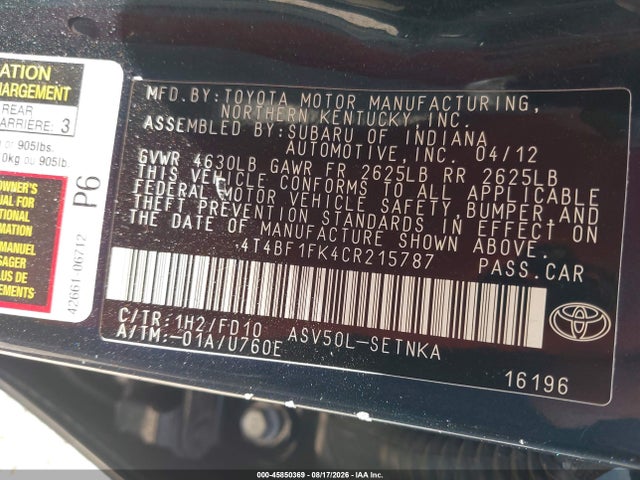 Продаж на аукціоні авто 2012 Toyota Camry Le, vin: 4T4BF1FK4CR215787, номер лоту: 45850369