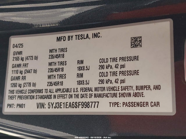 2025 Tesla Model 3 Long Range Rear-wheel Drive/standard Rear-wheel Drive მანქანა იყიდება აუქციონზე, vin: 5YJ3E1EA6SF998777, აუქციონის ნომერი: 45850382