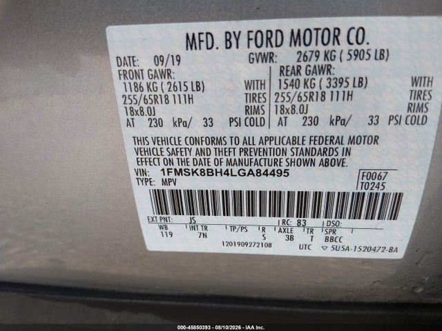 Aukcja sprzedaży 2020 Ford Explorer, vin: 1FMSK8BH4LGA84495, numer aukcji: 45850393