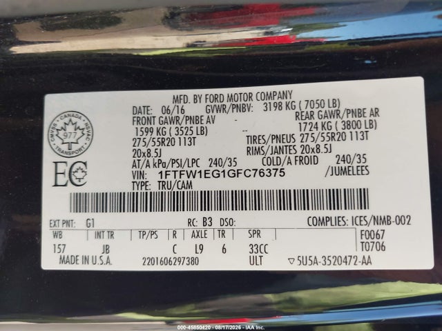 45850420 :رقم المزاد ، 1FTFW1EG1GFC76375 vin ، 2016 Ford F-150 Xlt مزاد بيع