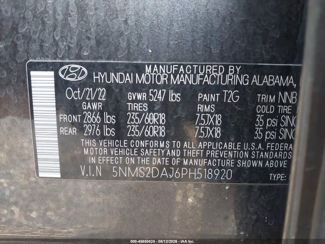 45850424 :رقم المزاد ، 5NMS2DAJ6PH518920 vin ، 2023 Hyundai Santa Fe Sel مزاد بيع
