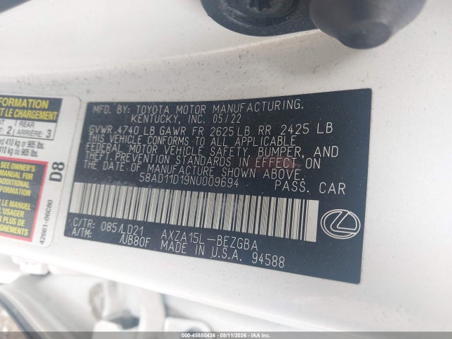 Aukcja sprzedaży 2022 Lexus Es 250, vin: 58AD11D19NU009694, numer aukcji: 45850436