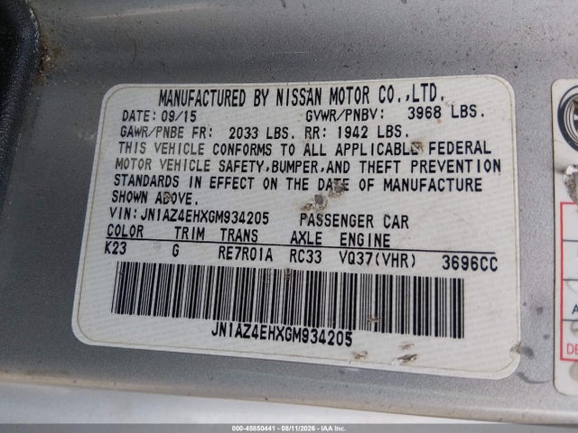 2016 Nissan 370z მანქანა იყიდება აუქციონზე, vin: JN1AZ4EHXGM934205, აუქციონის ნომერი: 45850441