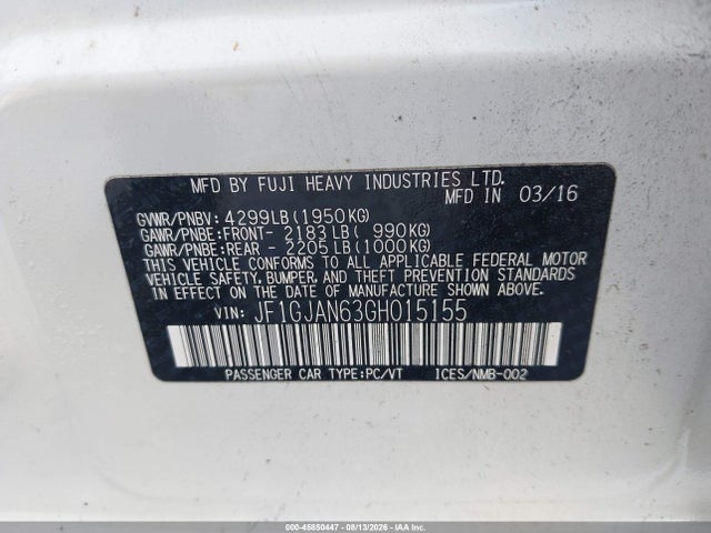 2016 Subaru Impreza 2.0i Limited მანქანა იყიდება აუქციონზე, vin: JF1GJAN63GH015155, აუქციონის ნომერი: 45850447
