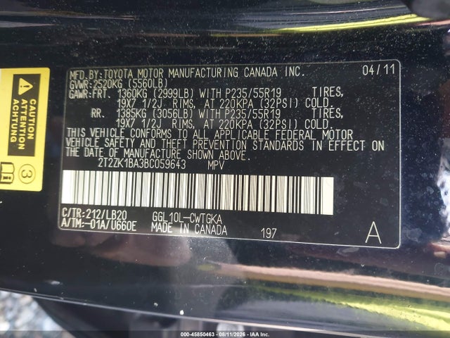 Продаж на аукціоні авто 2011 Lexus Rx 350, vin: 2T2ZK1BA3BC059643, номер лоту: 45850463