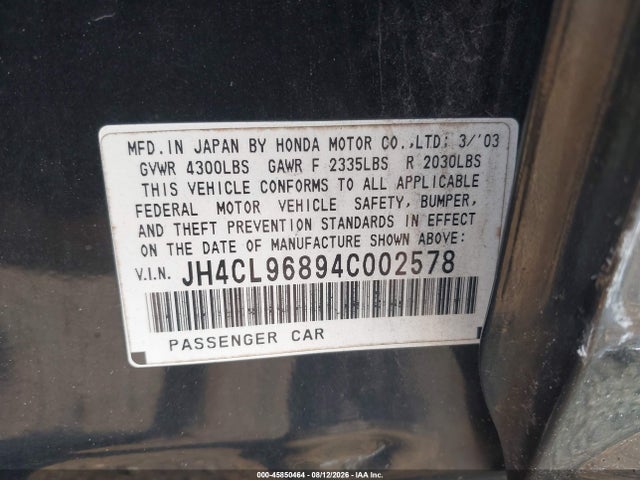 45850464 :رقم المزاد ، JH4CL96894C002578 vin ، 2004 Acura Tsx مزاد بيع