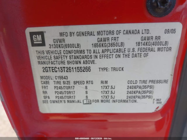 Aukcja sprzedaży 2006 Gmc Sierra 1500 Sle1, vin: 2GTEC13T261155266, numer aukcji: 45850480