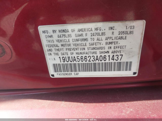 Aukcja sprzedaży 2003 Acura Tl 3.2, vin: 19UUA56623A061437, numer aukcji: 45850492