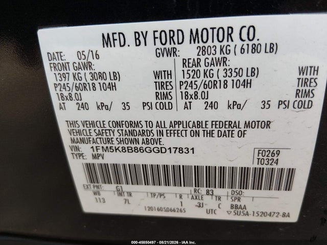 Продажа на аукционе авто 2016 Ford Explorer, vin: 1FM5K8B86GGD17831, номер лота: 45850497