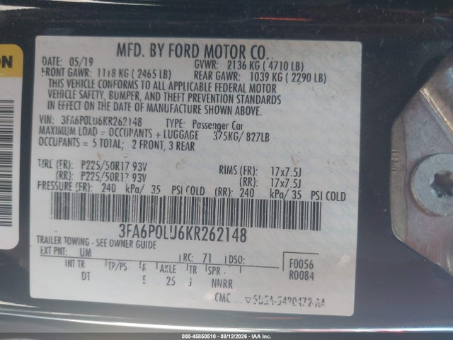 3FA6P0LU6KR262148 Ford Fusion Hybrid Se