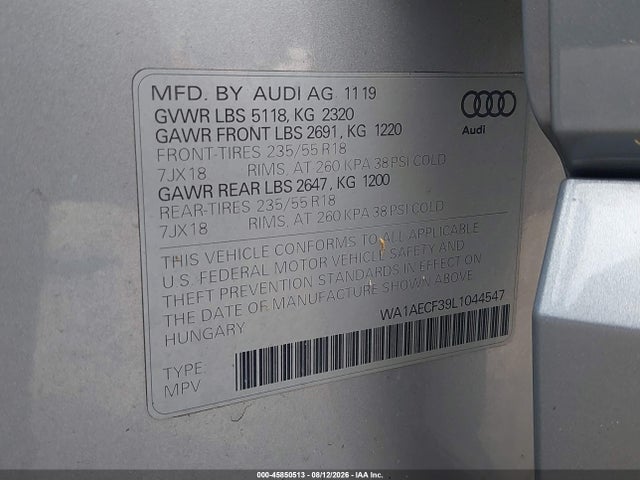 Продаж на аукціоні авто 2020 Audi Q3 Premium 45 Tfsi Quattro Tiptronic, vin: WA1AECF39L1044547, номер лоту: 45850513