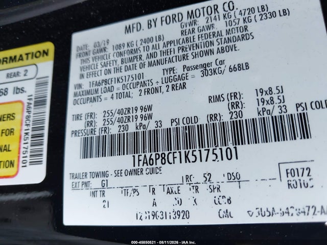 45850521 :رقم المزاد ، 1FA6P8CF1K5175101 vin ، 2019 Ford Mustang Gt مزاد بيع