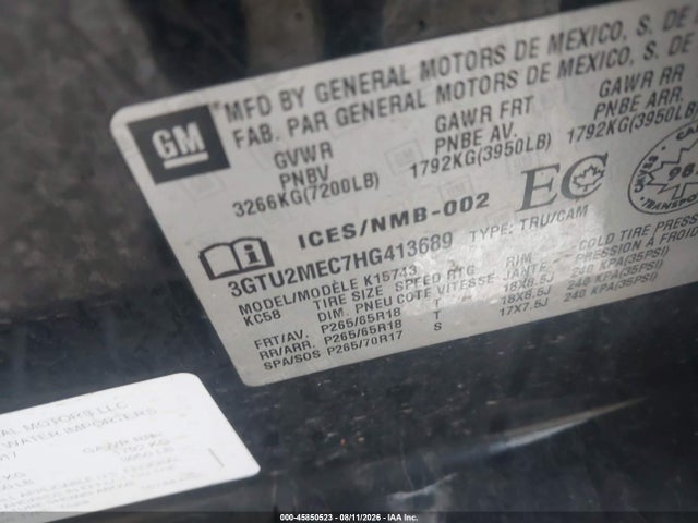 Продаж на аукціоні авто 2017 Gmc Sierra 1500 Sle, vin: 3GTU2MEC7HG413689, номер лоту: 45850523