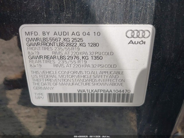 45850526 :رقم المزاد ، WA1LKAFP8AA104470 vin ، 2010 Audi Q5 3.2 Premium مزاد بيع