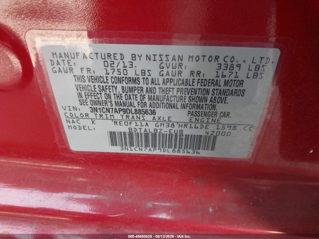 Продаж на аукціоні авто 2013 Nissan Versa 1.6 Sv, vin: 3N1CN7AP9DL885636, номер лоту: 45850528