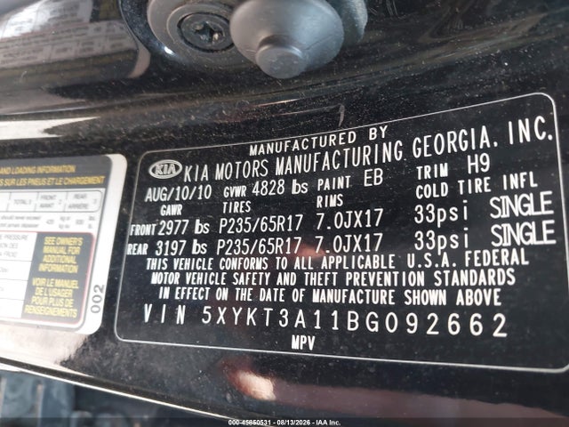 Auction sale of the 2011 Kia Sorento Lx, vin: 5XYKT3A11BG092662, lot number: 45850531