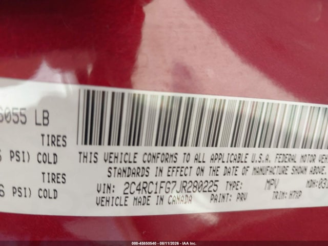 45850540 :رقم المزاد ، 2C4RC1FG7JR280225 vin ، 2018 Chrysler Pacifica Touring Plus مزاد بيع