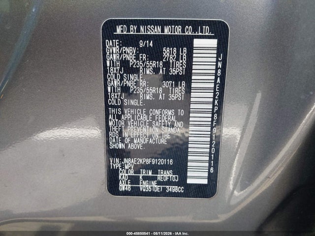JN8AE2KP8F9120116 Nissan Quest Platinum/s/sl/sv