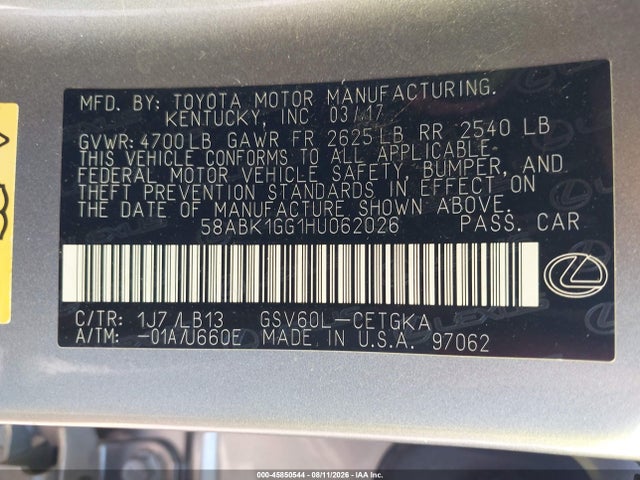 45850544 :رقم المزاد ، 58ABK1GG1HU062026 vin ، 2017 Lexus Es 350 مزاد بيع