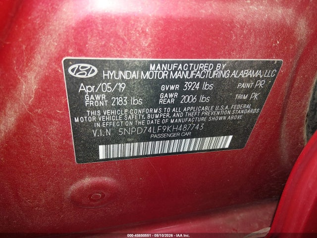 5NPD74LF9KH487743 Hyundai ELANTRA SE