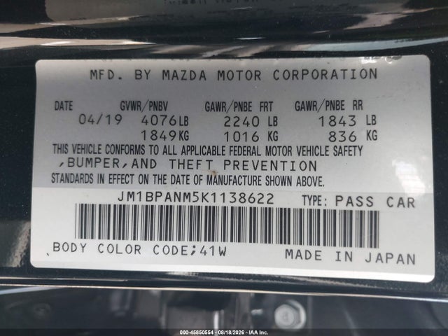 45850554 :رقم المزاد ، JM1BPANM5K1138622 vin ، 2019 Mazda Mazda3 Premium Package مزاد بيع