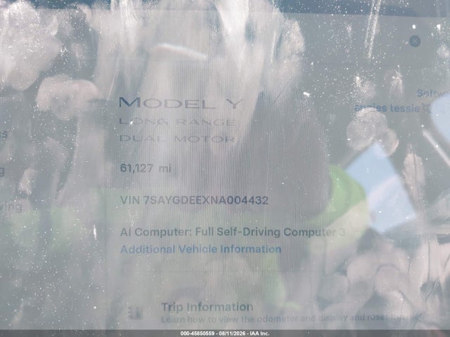 Aukcja sprzedaży 2022 Tesla Model Y Long Range Dual Motor All-wheel Drive, vin: 7SAYGDEEXNA004432, numer aukcji: 45850559
