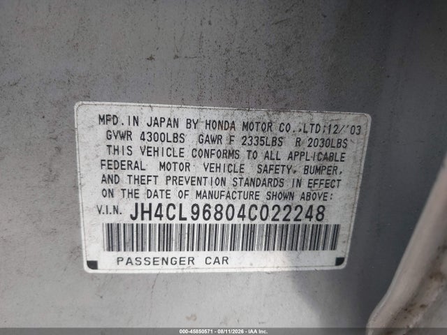 Продаж на аукціоні авто 2004 Acura Tsx, vin: JH4CL96804C022248, номер лоту: 45850571