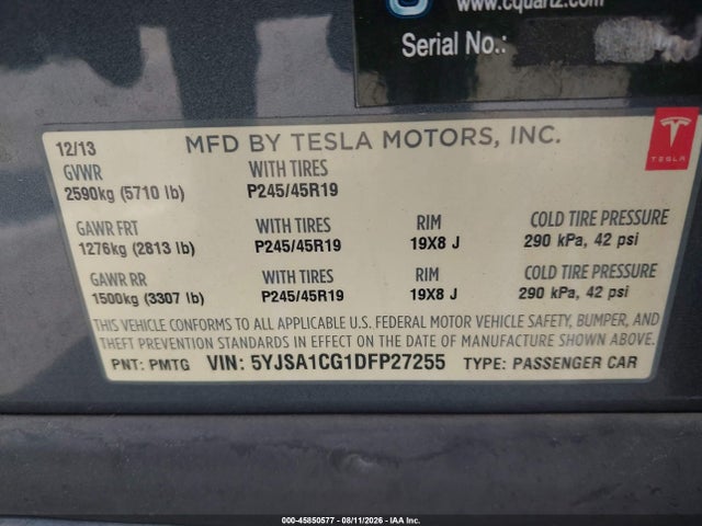 Продажа на аукционе авто 2013 Tesla Model S, vin: 5YJSA1CG1DFP27255, номер лота: 45850577