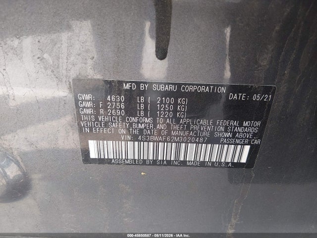 Aukcja sprzedaży 2021 Subaru Legacy Premium, vin: 4S3BWAF62M3020487, numer aukcji: 45850587