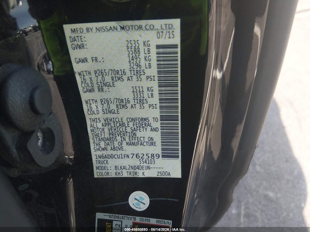 Aukcja sprzedaży 2015 Nissan Frontier Sv, vin: 1N6AD0CU1FN762589, numer aukcji: 45850593